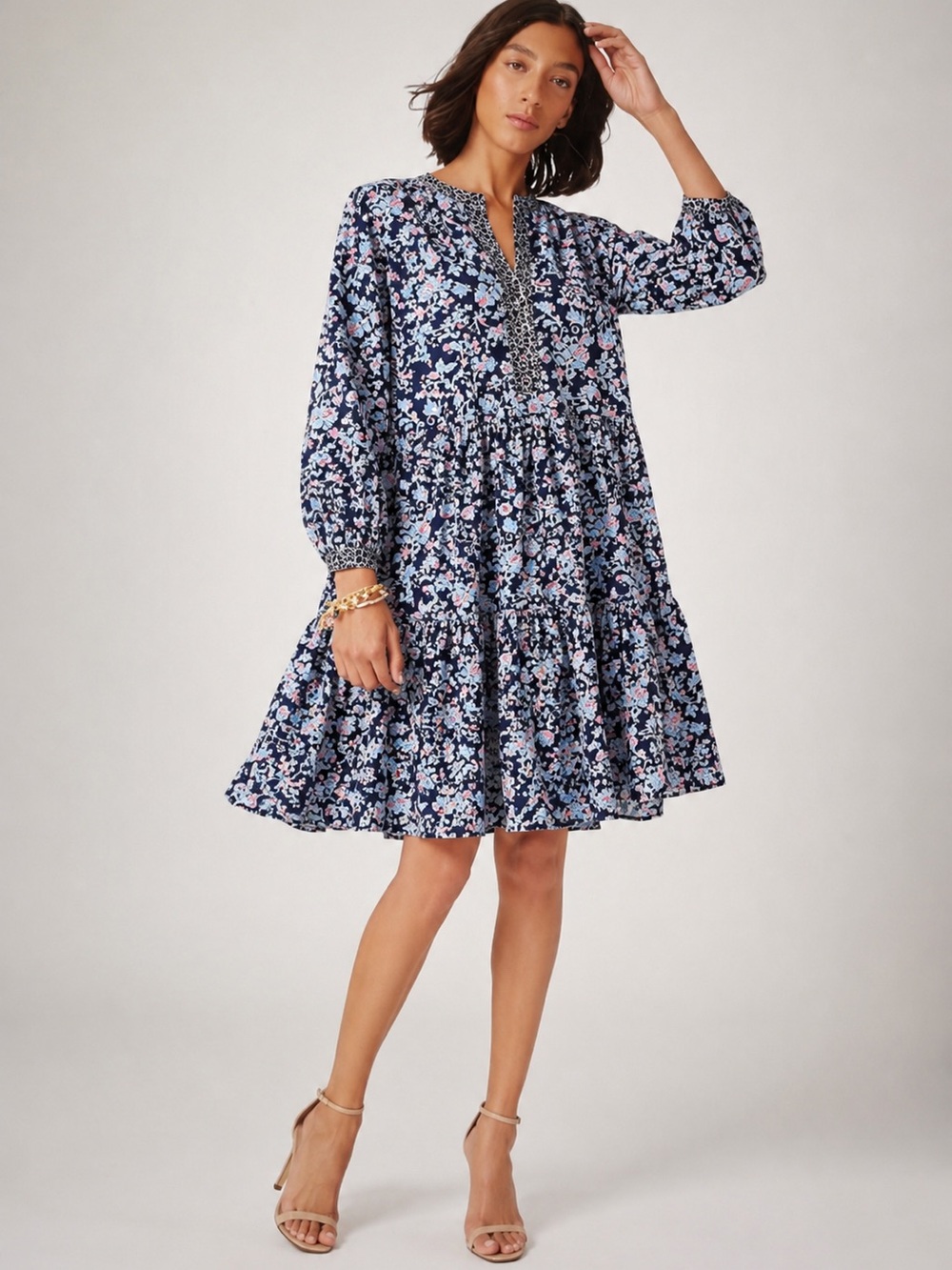 J. Crew long sleeve floral button crew neck Dress navy  light blue and pink M